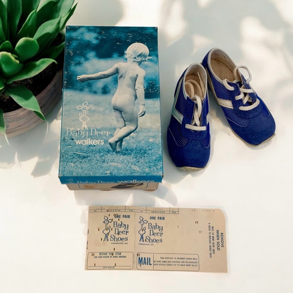 Vintage 1950s MCM Baby Deer Walker Shoes Size 4 Infant Sneakers Original Box